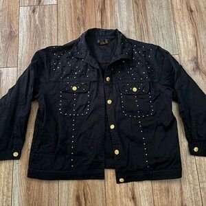 Vintage Black Denim Jacket with Gold Buttons & Circle Embellishments by Mureli